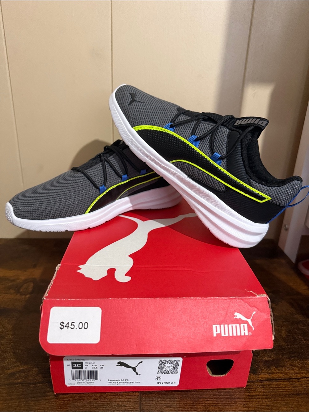 Puma Kids Gray and Black Sneakers with Neon Yellow Trim